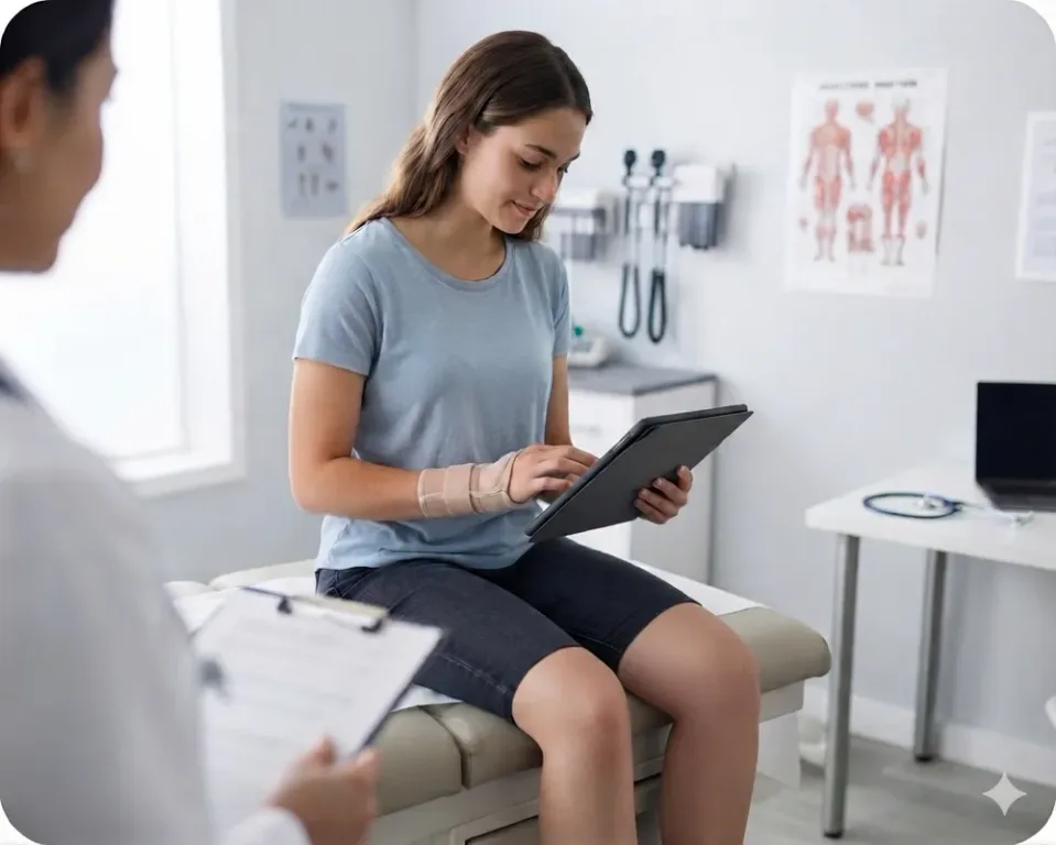 A patient completing intake forms on a tablet