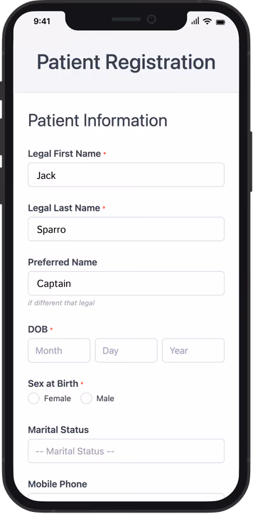 Patient registration form on a phone